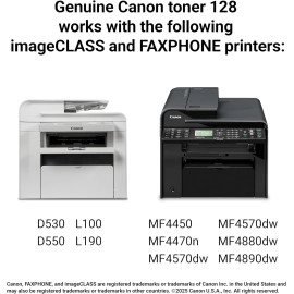 Canon Genuine 128 Black Toner Cartridge Compatible with MF4450, MF4770n, MF4570 Series, MF4800 Series, D530, D550, L100, L190
