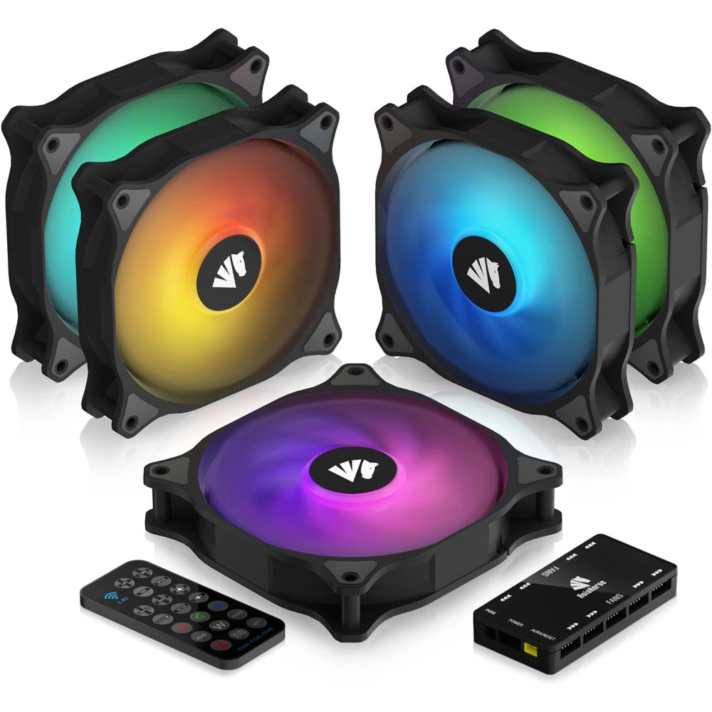 ASIAHORSE WD-001 Series 120mm Case Fan with Controller, Black 5V ARGB Motherboard Computer Case Fans Quiet High Airflow Adjustable Light Effect Computer Cooling Fan, 5 Pack