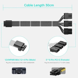 AsiaHorse 16AWG PCI-e 5.0 12VHPWR PSU Cable Extension, 600W 12+4 Pin Male to PCIE 3x8 Pin(6+2) Female PC Cable Extension for RTX 3090Ti/4070Ti/4080/4090, 30CM