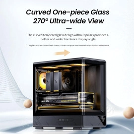 JONSBO D200 Black Micto ATX PC Case,Digital Screen, One-Piece Curved Glass Desktop Design 270° Ultra-Wide View,ATX Power supply/Dual240 AIO,GPU<410mm,7 Fan Positions, Black