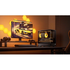 JONSBO D200 Black Micto ATX PC Case,Digital Screen, One-Piece Curved Glass Desktop Design 270° Ultra-Wide View,ATX Power supply/Dual240 AIO,GPU<410mm,7 Fan Positions, Black