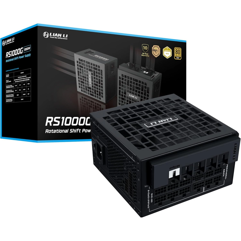Lian Li RS 1000W Rotational Shift Fully Modular ATX Power Supply (W/USB Fan Hub) 90° AC Inlet, Cybenetics Platinum, 80+ Gold, ATX 3.1, PCIe 5.1, 12V-2×6 Cable, 10 Year Warranty, Black (RS1000G.BH)