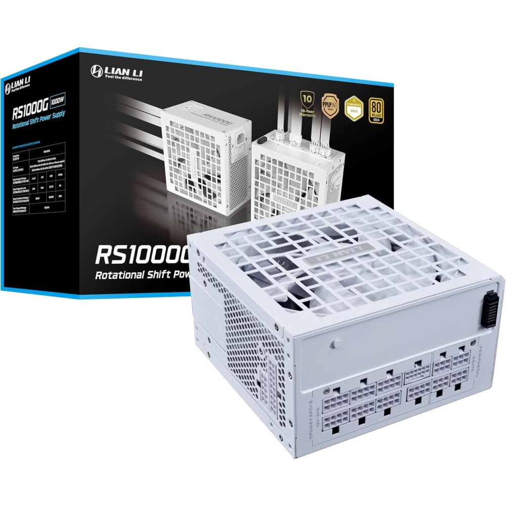 Lian Li RS 1000W Rotational Shift Fully Modular ATX Power Supply (W/o USB Fan Hub) 90° AC Inlet, Cybenetics Platinum, 80+ Gold, ATX 3.1, PCIe 5.1, 12V-2×6 Cable, 10 Year Warranty, White (RS1000G.W)